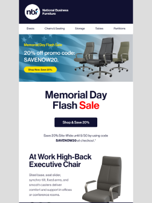 National Business Furniture - Seize the Savings: 20% Off Memorial Day Flash Sale