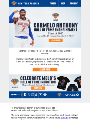 New York Knicks - Tune in to Melo’s Hall of Fame Enshrinement!