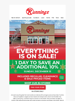 Runnings Stores - 10% Off Almost Everything - Sunday, December 15th | In-Store Only