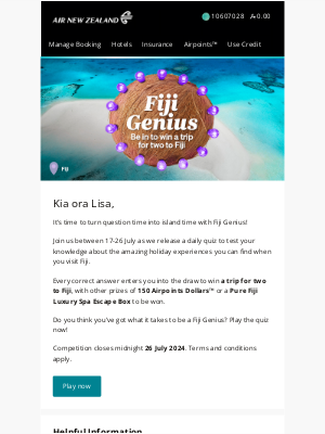 Air New Zealand - Lisa, be in to win a trip for two to Fiji!