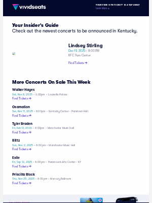 Vivid Seats - New Kentucky Concerts, Including Lindsey Stirling, Walker Hayes & More!