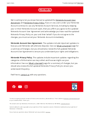 Nintendo - Updates to Nintendo Account User Agreement and Nintendo Privacy Policy