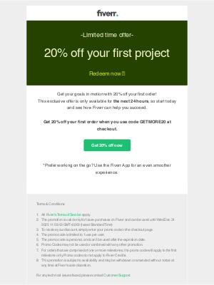 Fiverr - 24 hours left on your 20% discount