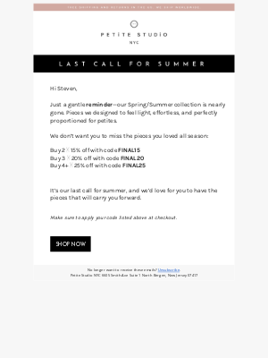 Petite Studio - Your extra 15–25% off is waiting. It all ends tomorrow.