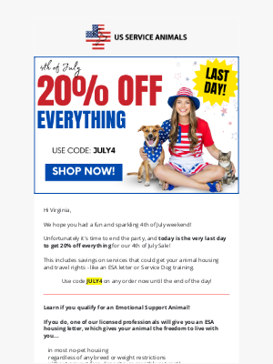 US Service Animals - LAST DAY 💙 Get 20% Off Everything!