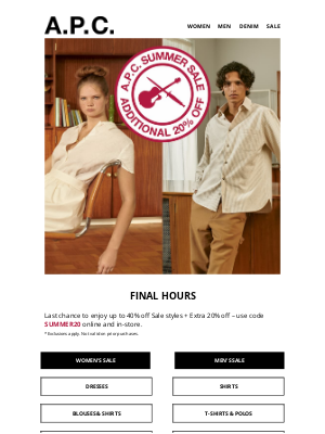 APC - Final hours to shop up to 40% off + Extra 20% off Sale styles