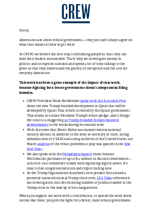Crew - A new Trump development in Qatar, a senator buying bitcoin, Marco Rubio’s 4 jobs and other news we’re following