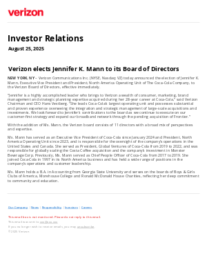 Verizon - Verizon elects Jennifer K. Mann to its Board of Directors