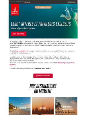 Emirates Holidays (France) - Derniers jours pour profiter de 150€ offerts !