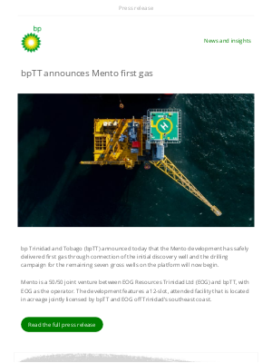 BP - bpTT announces Mento first gas