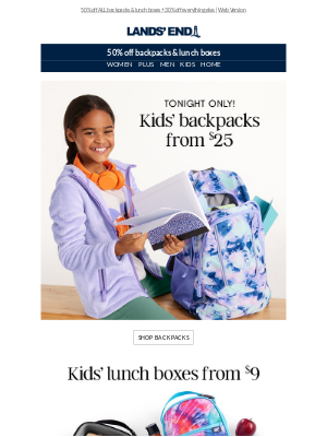 Lands' End - Backpacks from $25 🎒, lunch boxes from $9 🥪 Tonight only!