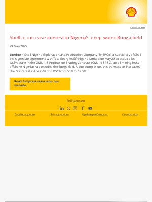 Shell - Shell to increase interest in Nigeria’s deep-water Bonga field