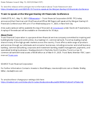 Truist Financial - Truist to speak at the Morgan Stanley US Financials Conference