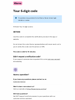 Klarna - 407398 is your 6-digit code