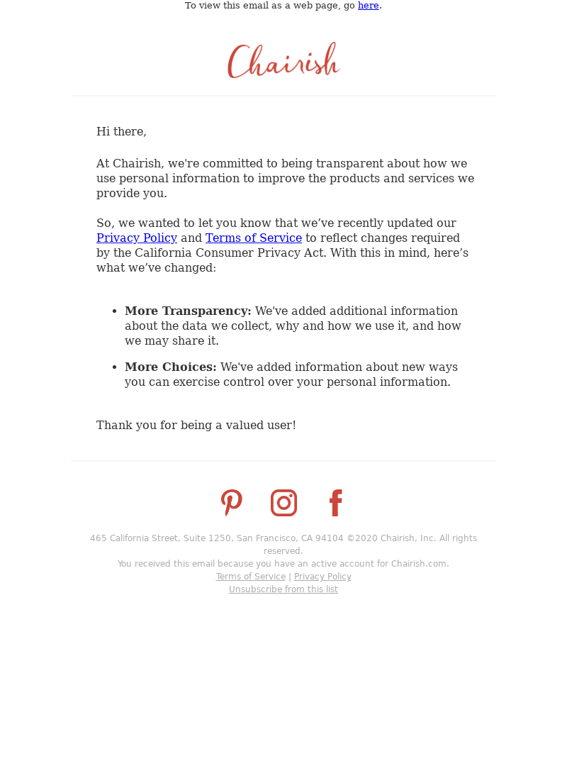 Chairish - Updates to Chairish Privacy Policy & Terms of Service