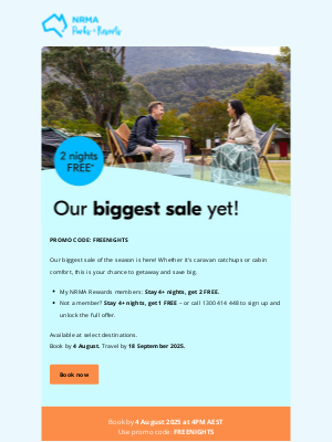 NRMA Parks and Resorts (Australia) - 2 free nights. Our biggest sale yet.