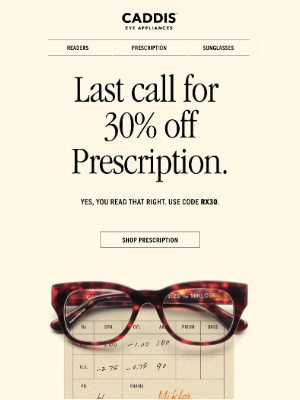 Caddis - 30% off Prescription glasses ends tonight