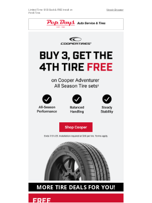 Pep Boys - 4th Cooper Tire FREE! All-Season Performance That Pays Off 🤑