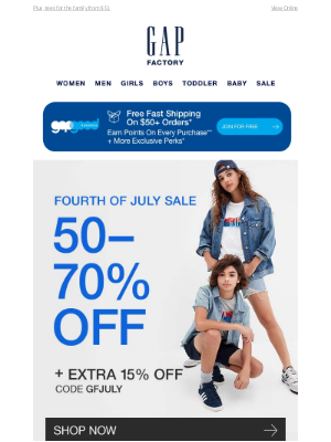 Gap Factory - Hello, Fourth of July Sale: 50–70% off almost everything