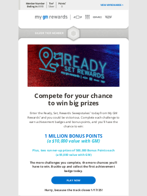 General Motors - Gregory, your chance to win 1 Million Bonus Points has arrived