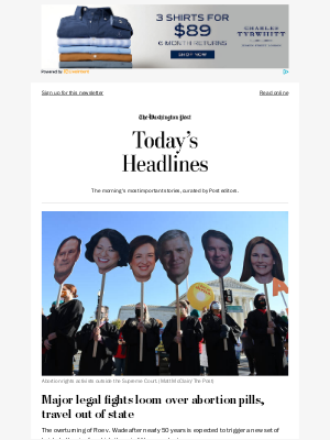 Washington Post - Monday's Headlines: Major legal fights loom over abortion pills, travel out of state
