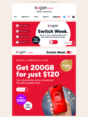 Kogan - LAST CHANCE! 📱 $60 OFF your new 200GB yearly prepaid phone plan (Now only $120)