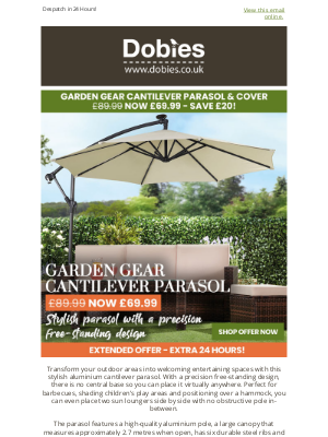 Dobies (United Kingdom) - BEAT THE HEAT! Cantilever Parasol With Cover NOW £69.99! EXTRA 24 HOURS!