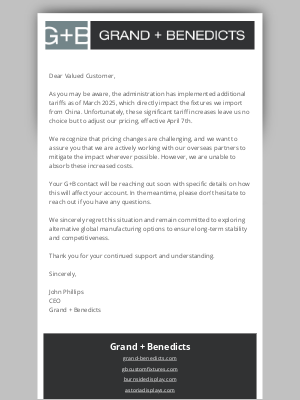 Grand + Benedicts - Upcoming Price Increases Due to Tariffs