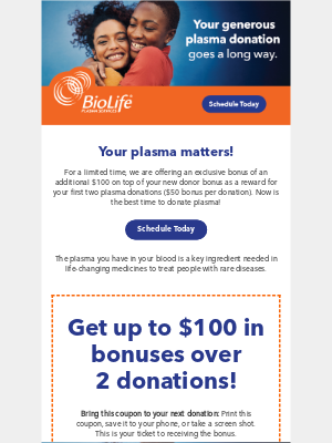 BioLife Plasma - 📣 Last Call: You've received $100 extra!