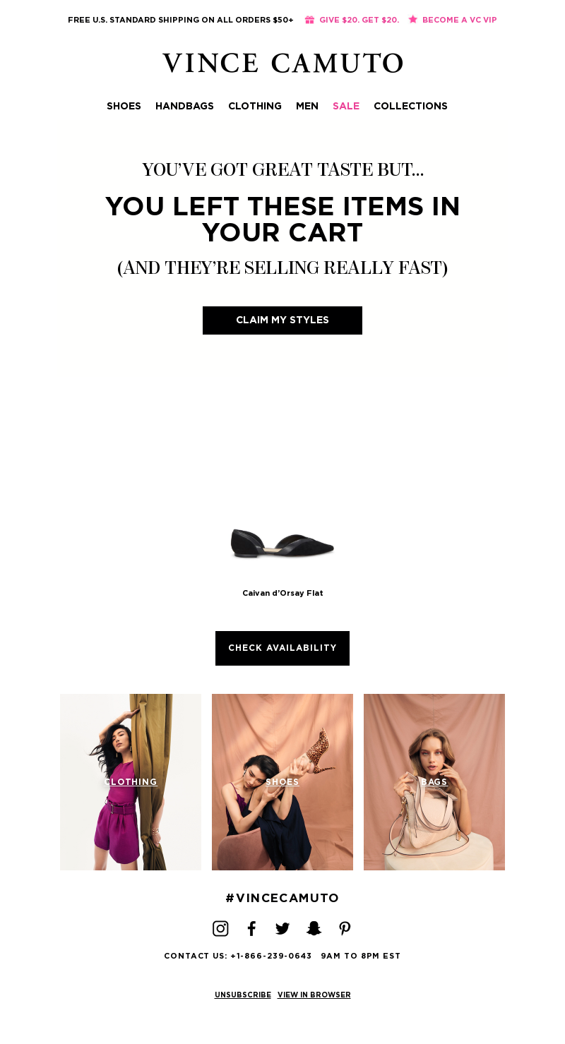 abandoned cart email example from Vince Camuto