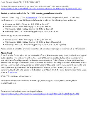 Truist Financial - Truist provides schedule for 2026 earnings conference calls