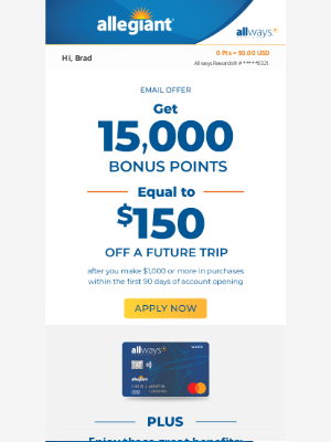 Allegiant Air - Please review: 15k bonus points offer - equal to $150 off a future trip