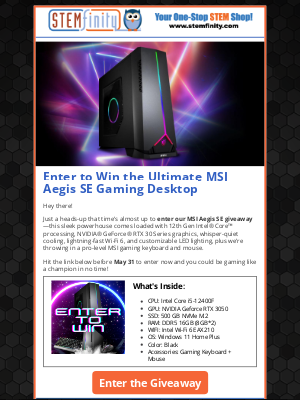 STEMfinity - Game On: Enter to Win the MSI Aegis SE
