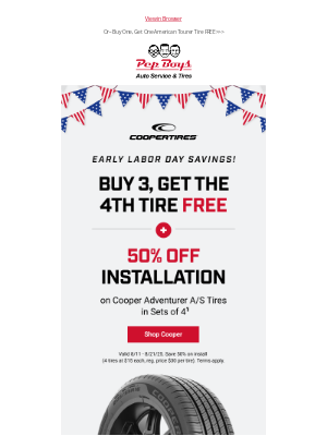 Pep Boys - Score a FREE 4th Cooper Tire + 50% Off Installation!