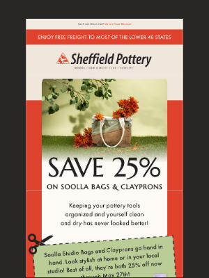 Sheffield Pottery - Flash Sale on Clayprons & Soolla Bags!