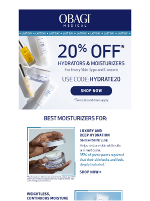 Last Day For 20% Off Moisturizers