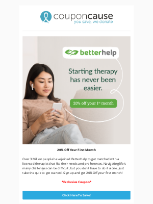 Coupon Cause - Exclusive Offer! ✨ | 20% Off Your First Month at BetterHelp!