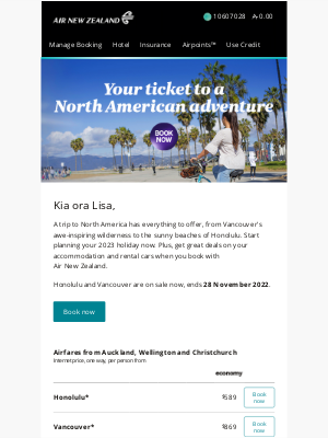 Air New Zealand - Lisa, flights to North America from $589 economy one way