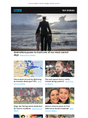 9NOW (Australia) - Lunch wrap: Australians mark Anzac Day with solemn services | Two struck by lightning in storms