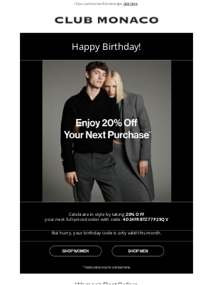 Club Monaco - Enjoy 20% OFF for your birthday