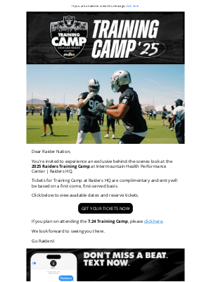 Oakland Raiders - You're Invited: Raiders 2025 Training Camp at Raiders HQ starting tomorrow