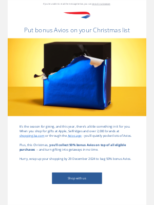 British Airways (United Kingdom) - Wrap up 50% bonus Avios this Christmas