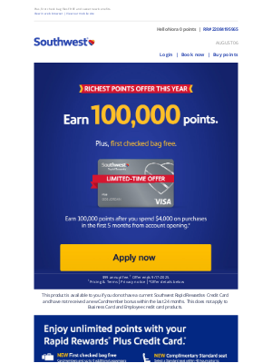 Southwest Airlines - Nora, you’re invited! Earn 100,000 bonus points.