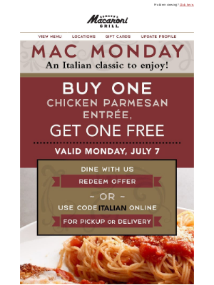 Romano's Macaroni Grill - Buy One Chicken Parm, Get One FREE! 🍝