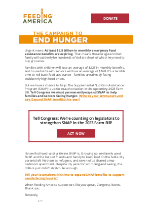 Feeding America - [URGENT ALERT] Emergency SNAP benefits are expiring—write to your lawmakers!
