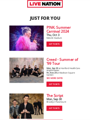 Live Nation - Your Upcoming Concert Lineup: P!NK, Creed, The Script