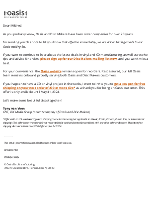 Oasis - An important message for Oasis CD manufacturing customers