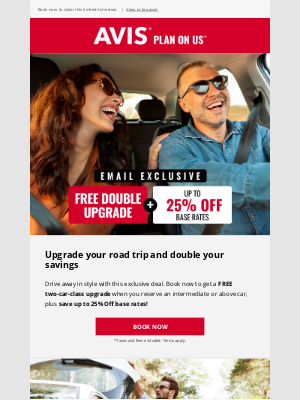 Avis Car Rental - EXCLUSIVE DEAL: Free Double Upgrade + Save up to 25%