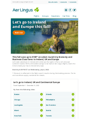 Aer Lingus - ✈️ Save up to $100 off fall fares to Ireland, UK & Europe