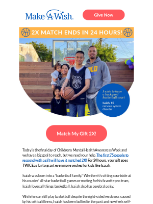 Make-A-Wish America - 24 HR FLASH MATCH: Your gift goes 2X as far now